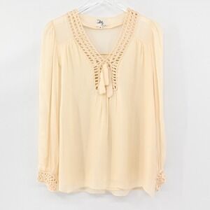 Vtg MILLY Top Womens Sz 4 Cream 100% Silk Eyelet V Neck Balloon Sleeve Retro USA